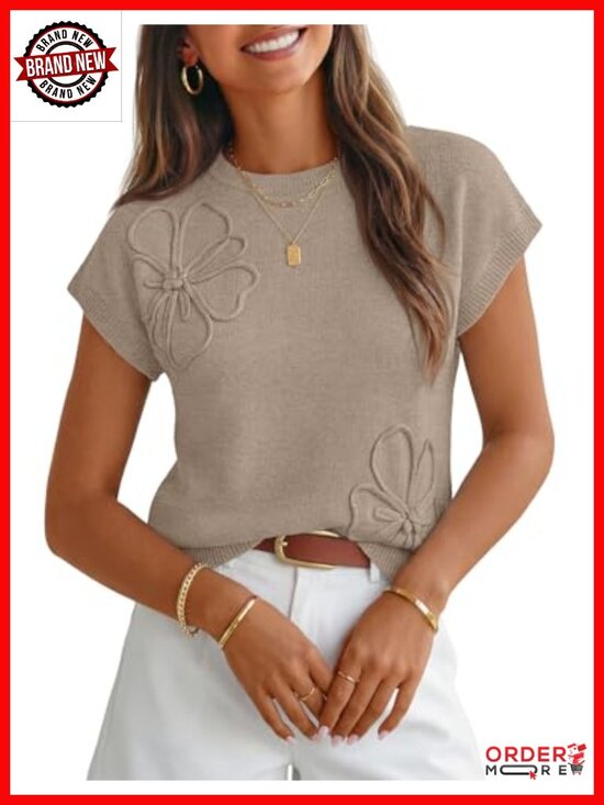 Other - Floral Short Sleeve Sweater Vest Cap Sleeve Crew Neck Knit Work Top